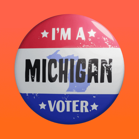 Digital art gif. Round red, white, and blue button featuring the shape of Michigan spins over an orange background. Text, “I’m a Michigan voter.”