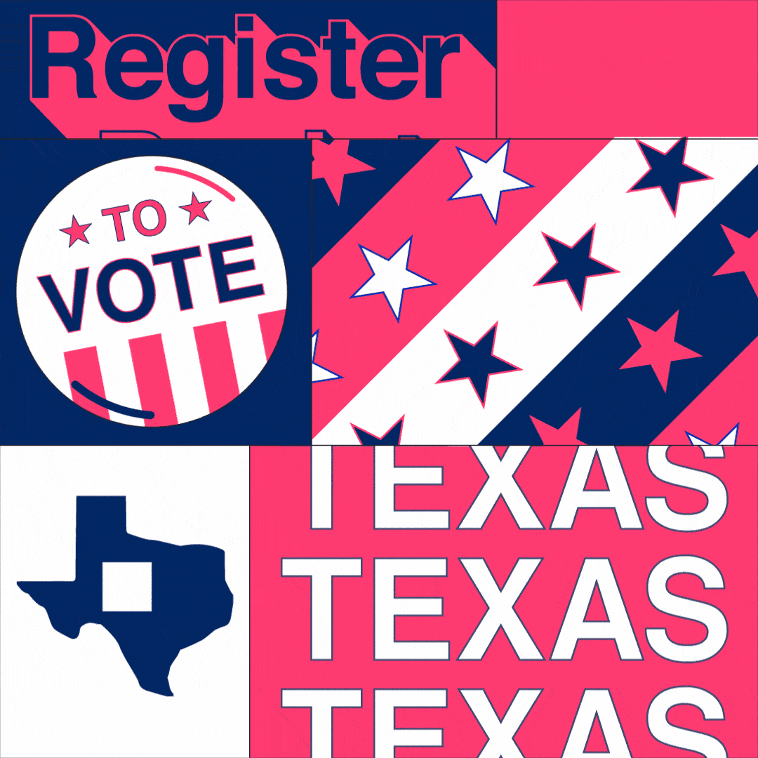 Digital art gif. Collage of colorful boxes features the shape of Texas with a box being checked, several colorful stripes filled with stars, and a “Vote” button that dances back and forth. Text, “Register to vote Texas.”