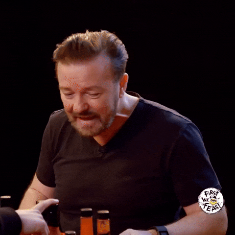 Ricky Gervais Laughing GIF by First We Feast