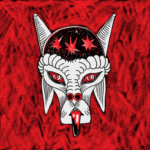 Illustrated gif. A black, white, and red devilish looking goat with a bat-like nose that flares open and closed. It’s red tongue sticks out with black liquid staining the tip and has small sharp teeth. It’s eyes are red and swirling like it’s hypnotized and its forehead is black and sparkling with three firework shapes. The background disorientingly jitters around with red crayon marks.