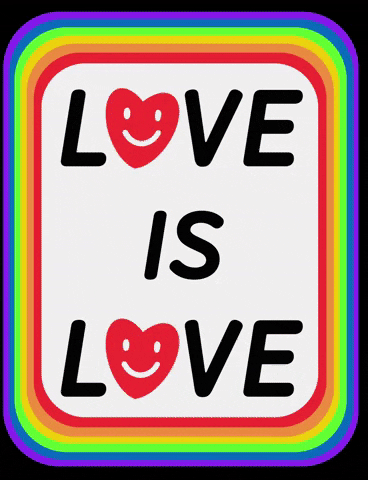 Digital art gif. A radiating rainbow frame surrounding the words "love is love," smiling rainbow hearts replace the Os.