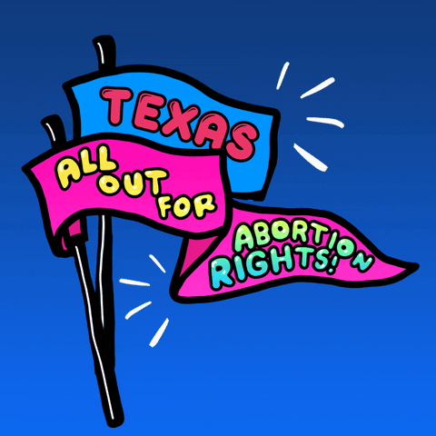 Digital art gif. Two pennants wiggle slightly against a blue ombre background. The first pennant says, “Texas.” The second says, “All out for abortion rights!”