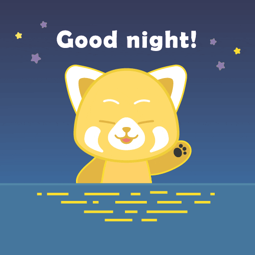 Digital illustration gif. Yellow bear waves at us and smiles with eyes shut against a blue background with yellow and purple stars. Text changes from white to purple, "Good night!'