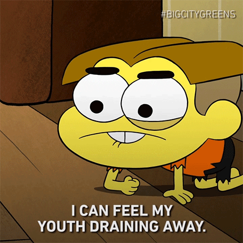 Disney gif. Grumbling on all fours in ragged clothes, a tired Cricket Green from Big City Greens drops to the floor and onto his face. Text, "I can feel my youth draining away."