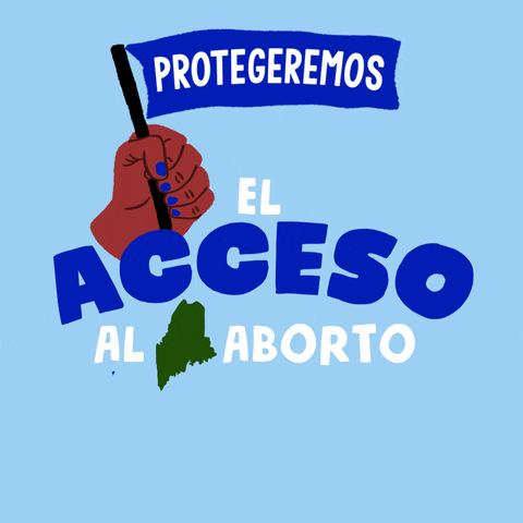 Text gif. Brown hand with blue fingernails in front of light blue background waves a blue flag up and down that reads, “Protegeremos” followed by the text, “El acceso al aborto Maine.”