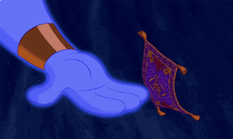 Disney gif. Genie and the Magic Carpet from Aladdin are doing a specialized high five and the routine goes on for a while, with both of them knowing the movements exactly.