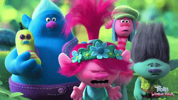 Movie gif. In Trolls, Poppy, Biggie, Cooper, and Branch gasp and react with fear in unison.