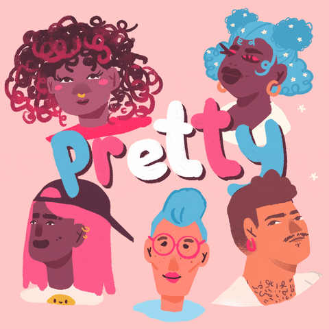 Cartoon gif. Five diverse characters bob in front of a pastel pink background dotted with dancing daisies. The word "Pretty" bobs and changes colors between pink, blue and white at the center of the image.