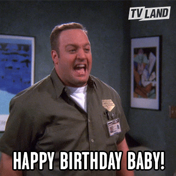 TV gif. Actor Kevin James as Doug of King of Queens points and excitedly says "Happy birthday baby!" then makes a seductive face. 