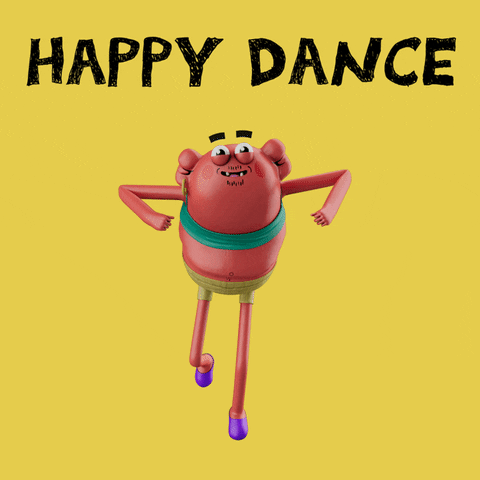 3D animated gif. A funny-looking red potato creature with spuds for ears and a big belly wears a green bikini top and little yellow shorts, looking at us as he does the running man dance against a yellow background. Text, "Happy Dance."