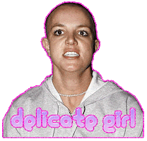 Photo gif. Image of an angry, overwhelmed Brittney Spears with a shaved head is rimmed with a glittering hot pink border. Emboldened across her light gray hoodie, glittering bubble letters read, "delicate girl."