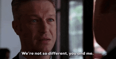 TV gif. Peter Scanavino as Sonny Carisi in Law and Order, SVU. He stares at someone unblinkingly as he says with a grim smile, "We're not so different, you and me."