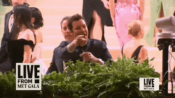 Met Gala 2024 gif. Jimmy Fallon pointing and posing, is tapped out by Jerry Seinfeld who steal his spot, posing and waving, blocking Jimmy from the camera.