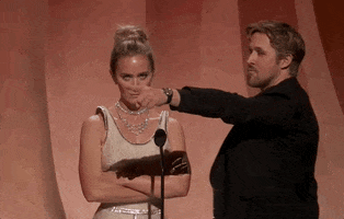 Oscars 2024 gif. Emily Blunt glares at us with her arms crossed while Ryan Gosling redirects her attention by animatedly pointing at something in the distance. Blunt looks perplexed and confused.  
