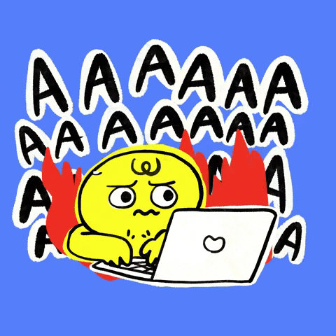 Gif com ilustração de um boneco amarelo suando e digitando no computador. Atrás dele, várias letras 