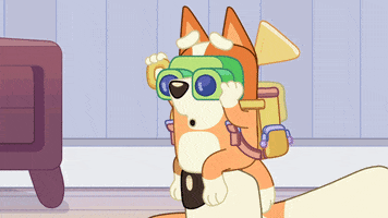 Cartoon gif. Bingo on Bluey wears a backpack and sits on her mother’s nose as she looks through her binoculars. She pulls a lever down on the binoculars and talks.