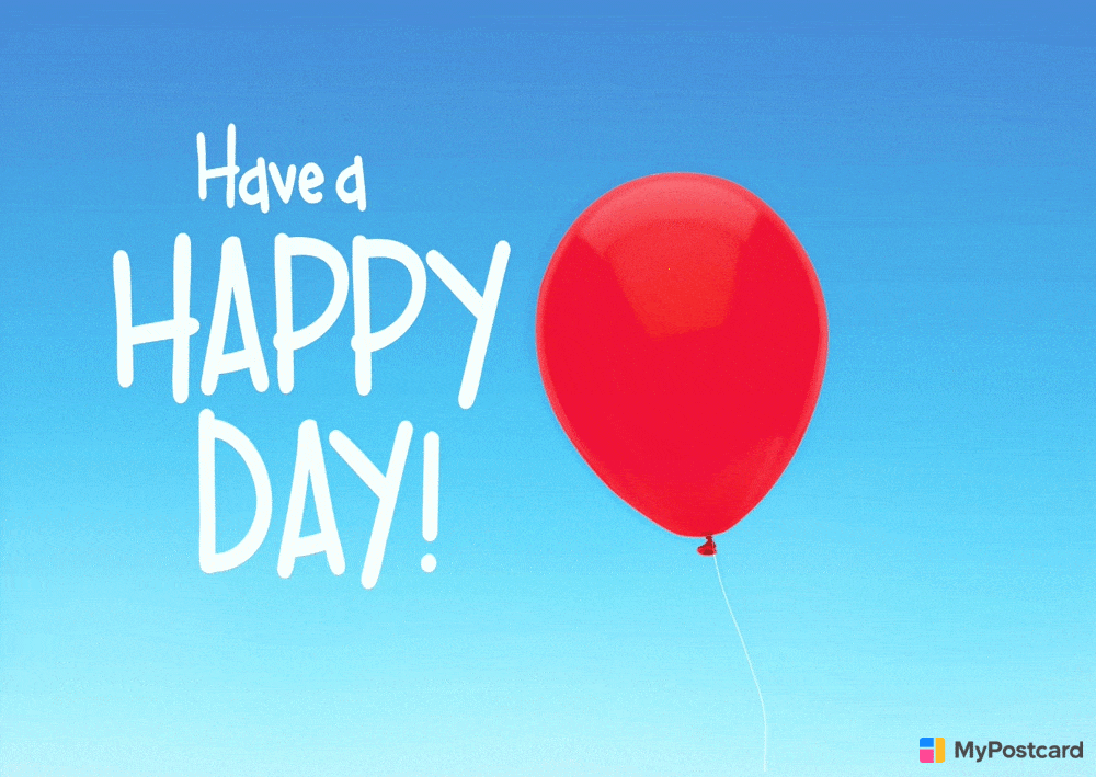 Kreslená pohyblivá animace s červeným nafukovacím balónkem a nápisem "Have a happy day!".