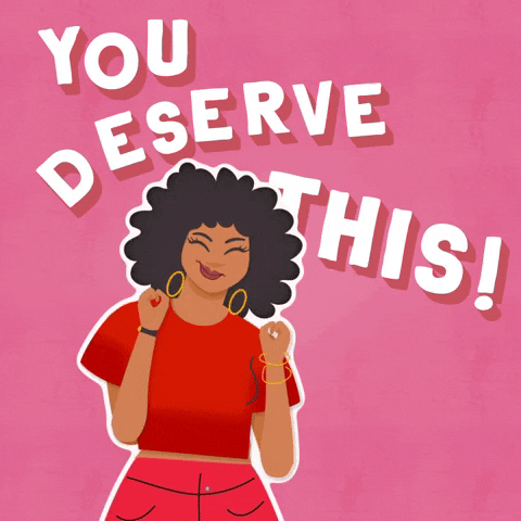 Cartoon gif. A smiling woman with afro-textured hair, wearing red clothes and hoop earrings, dances in place against a pink background. Text, "You deserve this!"