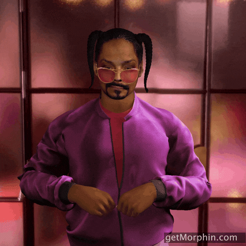 Digital art gif. A 3D rendering of a dancing Snoop Dogg wearing a purple jacket and pink tinted sunglasses as he tosses confetti into the air. 