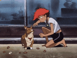 Anime gif. From the show Cowboy Bebop, Ein the corgi hops away from Edward, who looks after him in confusion as he hops along a street past abandoned buildings. As if his thoughts can be read aloud, bold, white text is displayed over Ein's head, reading, "Nope, nope, nope, nope, nuh-uh, nope, no way, see you space cowboy, nope."