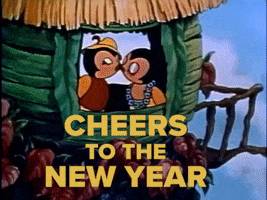 Cartoon gif. Two birds in a tree hut are caught kissing. They look at us, surprised and embarrassed, then pull the shade down. We see their shadows as they lean toward each other to kiss again. Beneath them fireworks explode around the text, “Cheers to the new year.”