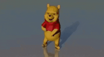 Cartoon gif. 3-D rendering of Winnie the Pooh pumping and swinging his fist up and doing a two-step.