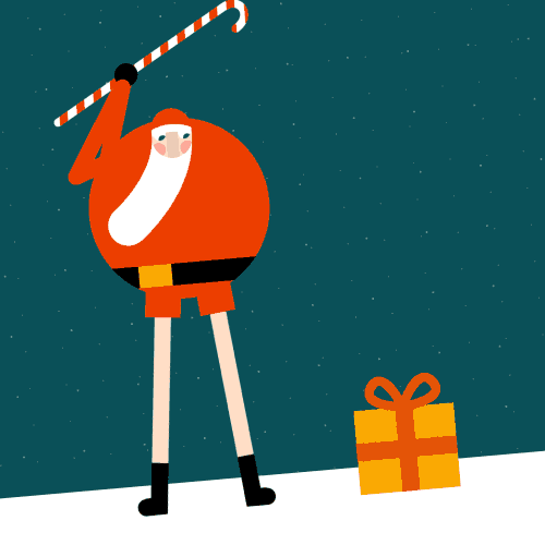 Holiday gif. Lanky Santa Claus with an extremely circular body uses a candy cane as a golf club and swings away at a gift box that was pushed towards him by an elf. After the present soars into the sky, an actual elf is pushed towards Santa, who swings with no hesitation and sends the elf flying.