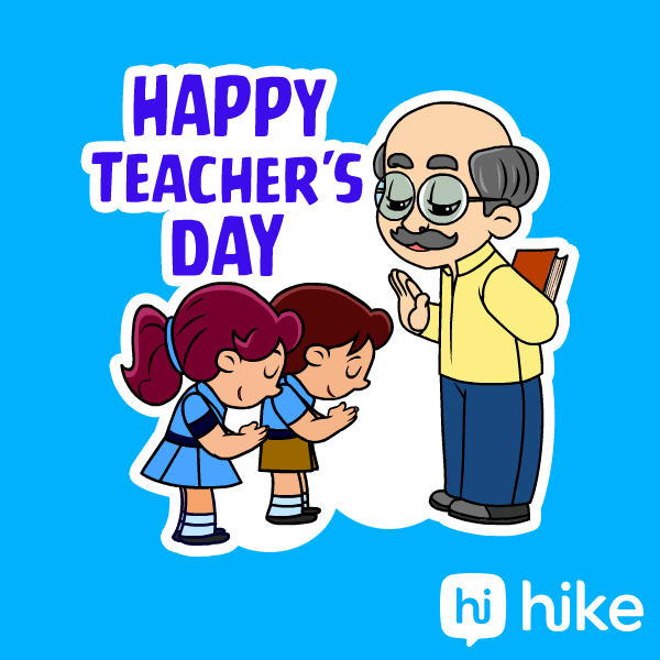 Pohyblivá animace s učitelem a dvěma studenty a s nápisem Teacher´s day.