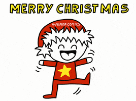 Cartoon gif. A character with a star on his shirt, dances around with his arms out, smiling and wearing a Christmas hat. Text, "Merry Christmas." 