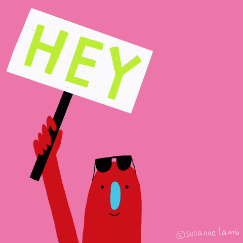 Digital art gif. A red cartoon character holds up a sign in their left hand that says "Hey" to grab our attention. A wide smile spreads across their face and sunglasses slide over their eyes as their right hand slides into frame with a sign that says "It's Friday."
