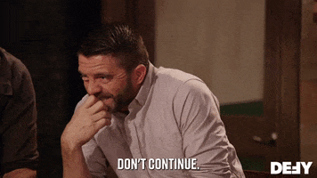 Reality TV gif. Man on BladeSmiths nervously bites his nails as he says, “Don’t continue.”