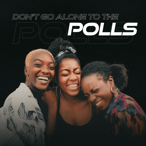 Digital art gif. Three smiling young Black women, arms around each other, on a black background with a retro sporty lettering reminiscent of TLC's FanMail album cover. Text, "Don't go alone to the polls, bring your ride or dies."