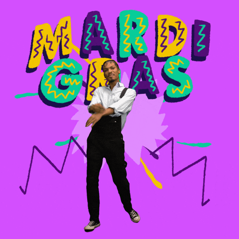 Video gif. Person wearing overalls gets low, dancing against an animated background with purple, gold, and green shapes flying out and below flashing text that reads "Mardi Gras."
