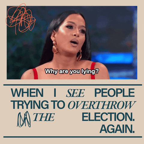 Reality TV gif. Princess Love from Love and Hip Hop Hollywood, squiggles and text around her, bobbing her head in vexed indignation asks, "Why, are you, ly-ing." Text, "When I see people trying to overthrow the election again."