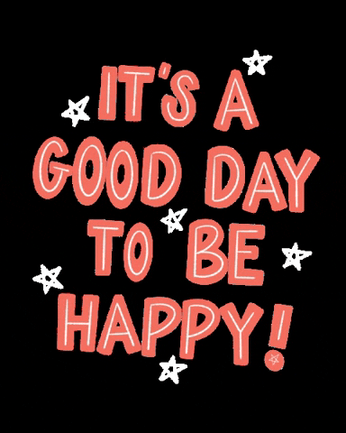 Pohyblivý obrázek s červeným nápisem "It´s a good day to be happy!" na černém pozadí s pentagramy.