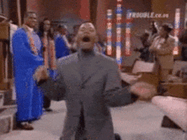 TV gif. Will Smith as Will in the Fresh Prince of Bel-Air kneels at the front of a chapel full of singing worshippers and gasps dramatically before fainting in a heap on the ground.