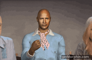 Digital art gif. A 3D rendering of Dwayne "The Rock" Johnson, superimposed between two live action people. He wears a light blue shirt and a spotted neckerchief as he tosses gold confetti into the air.
