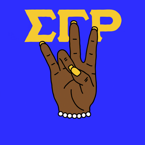 Illustrated gif. Deep brown hands with yellow nail polish, thumb touching ring finger, then in a fist of solidarity, under the Greek letters for Sigma Gamma Rho in yellow on a cobalt background. Text, "Vote!"