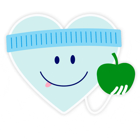 Gif com ilustração de um coração comendo uma maçã verde. Na parte de cima do coração, uma fita métrica.