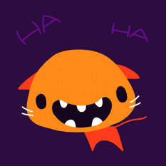 Illustrated gif. Orange cat with several gaps between its teeth, bouncing and laughing. Text, "ha ha."