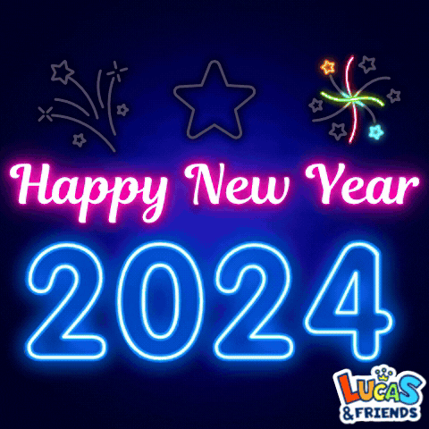 Text gif. In glowing neon letters and stars, text reads, "Happy New Year 2024" as 2024 pulses out and in. Above this, a flashing star and fireworks are in the style of a neon sign. 