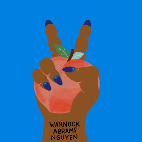 Digital art gif. Deep brown hand with blue nail art holding a peach, fingers in a peace sign surrounded by animated action marks for emphasis, on an azure blue background, handwriting font on the wrist like a tattoo. Text, "Warnock, Abrams, Nguyen."