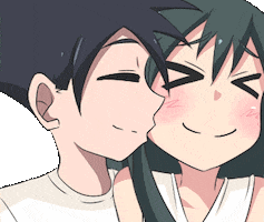 Anime gif. Smiling man leans in to kiss a green-eyed woman on the cheek. As he kisses her, a heart appears as their eyes close in happiness.