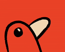 Digital art gif. A cartoon of a little red bird squawks its beak, the word "Food" appearing next to it when it opens its little mouth.