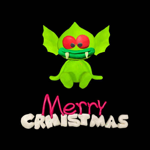 3D animated gif. Neon green Claymation gremlin spits out the skeleton head of a reindeer with a red nose, wiggling its toes with delight against a black background. Text, "Merry Christmas."