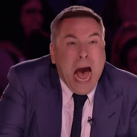 Reality TV gif. David Williams reacts to something terrifying on Britain’s Got Talent by screaming wildly and shaking.