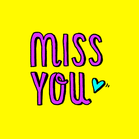 Text gif. Gently flashing magenta text on a solid yellow background, "Miss you", followed by a heart.