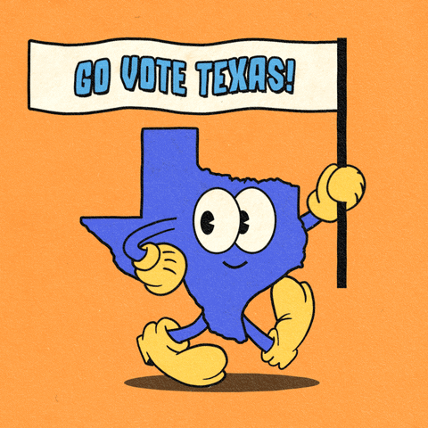 Digital art gif. Blue shape of Texas smiles and marches forward with one hand on its hip and the other holding a flag against an orange background. The flag reads, “Go vote Texas!”