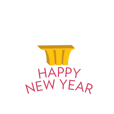 Ad gif. A yellow silhouette of the Marina Bay Sands hotel sits on top of the text, "Happy New Year!" and fireworks go off in the back.