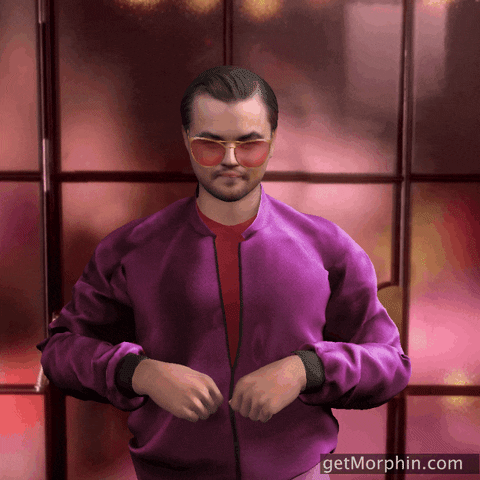 Digital art gif. Wearing a purple jacket and tinted sunglasses, a 3D rendering of Leonardo DiCaprio shimmies and tosses confetti into the air.